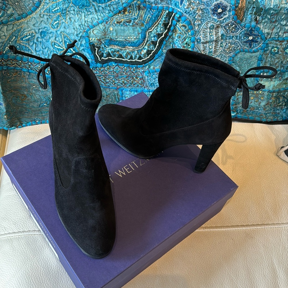 Sexy Black Suede booties with tie detail, barely worn. 4 in heel